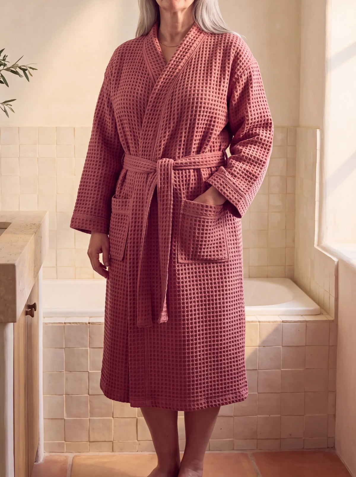 Peignoir Lumä en coton nid d’abeille bois de rose porté par une femme dans une salle de bain
